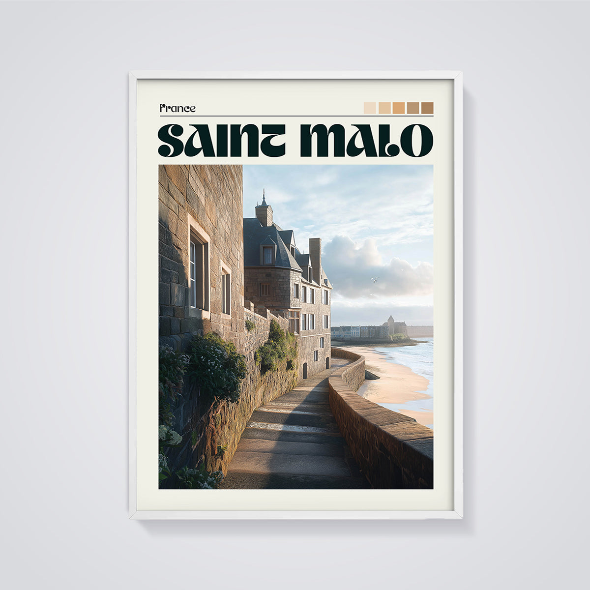 Saint Malo France Coastal Wall Print framed in white on a grey background