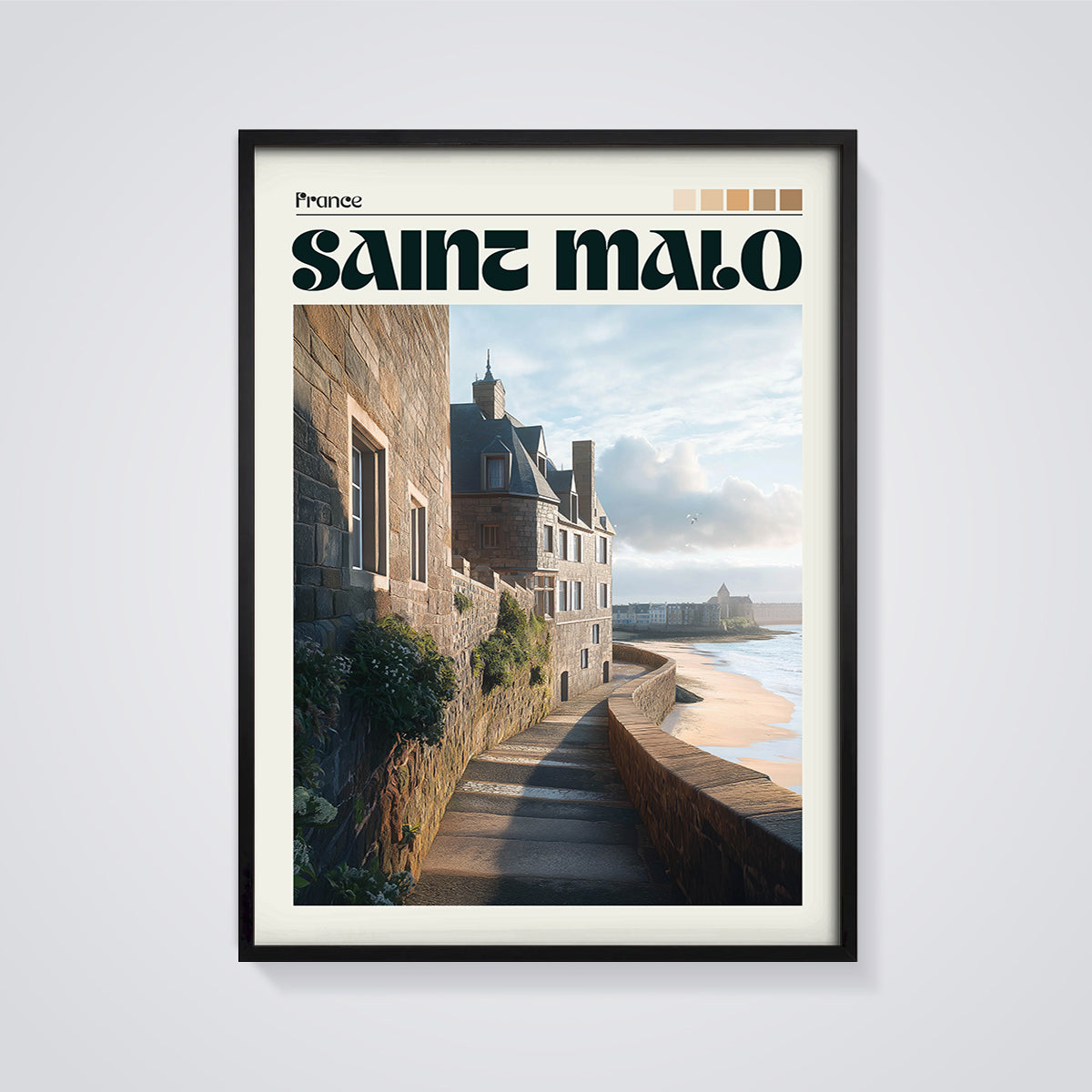Saint Malo France Coastal Wall Print framed in black on a grey background