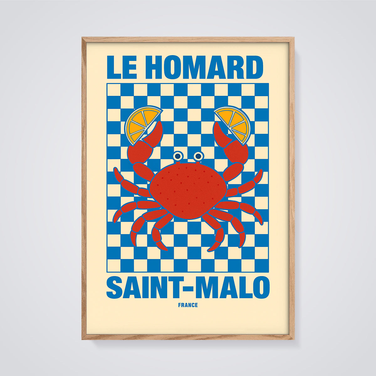 Saint-Malo Le Homard Crab Print framed in oak on a grey background