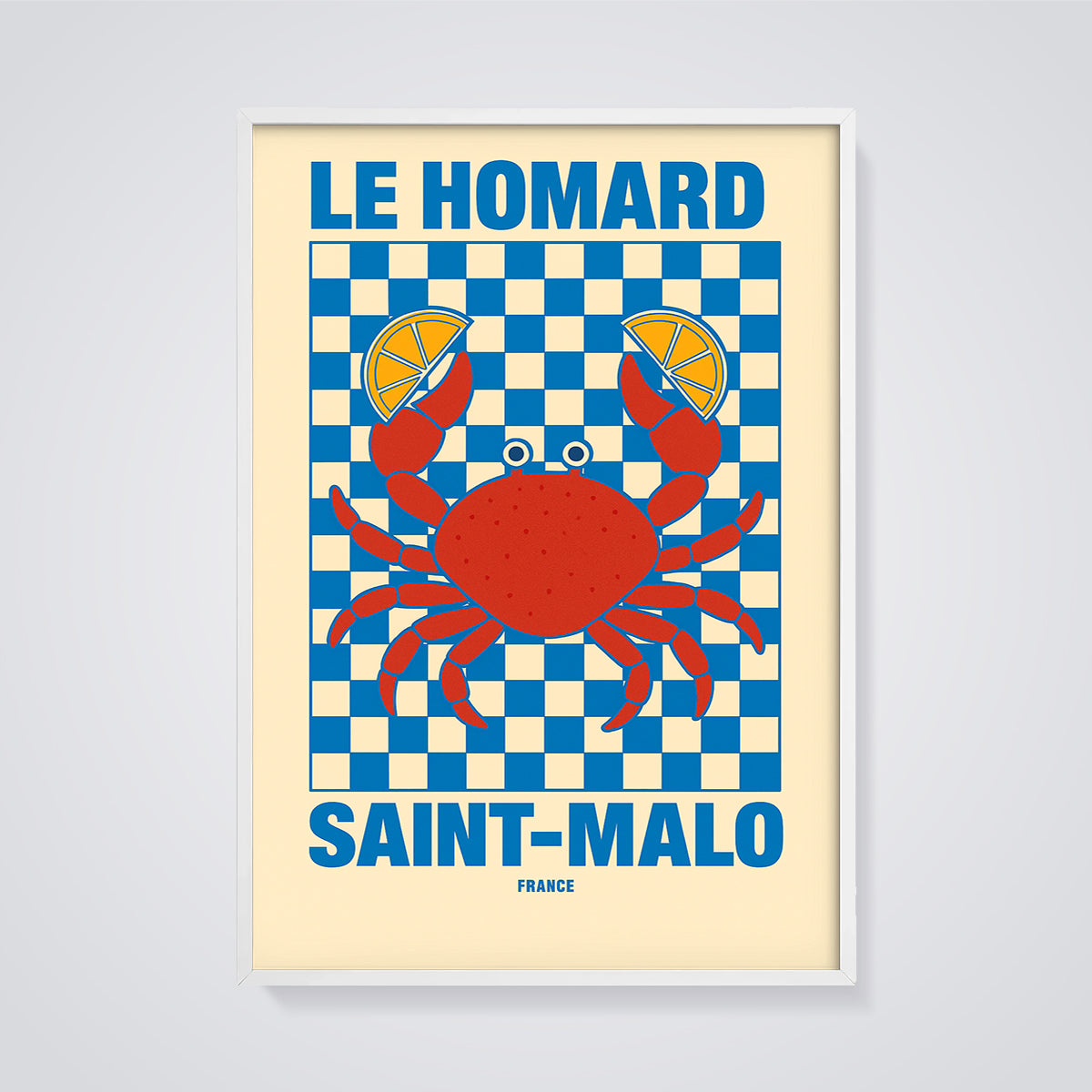 Saint-Malo Le Homard Crab Print framed in white on a grey background
