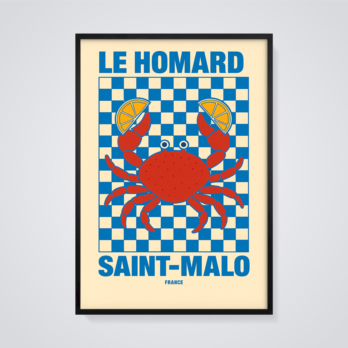 Saint-Malo Le Homard Crab Print framed in black on a grey background