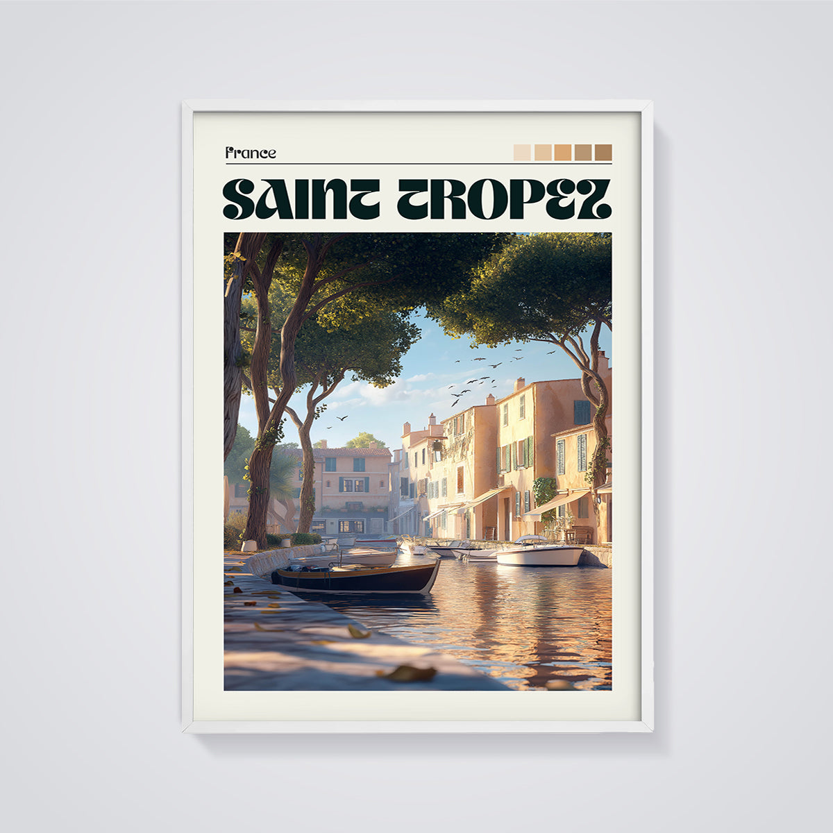 Saint Tropez Canal View Print framed in white on a grey background