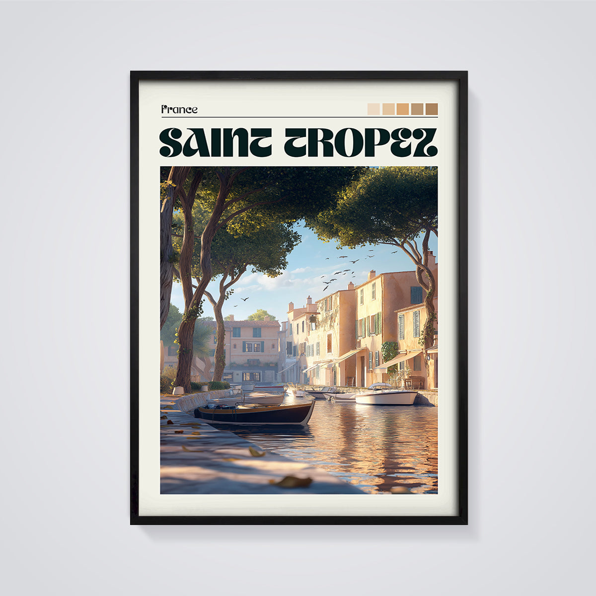 Saint Tropez Canal View Print framed in black on a grey background