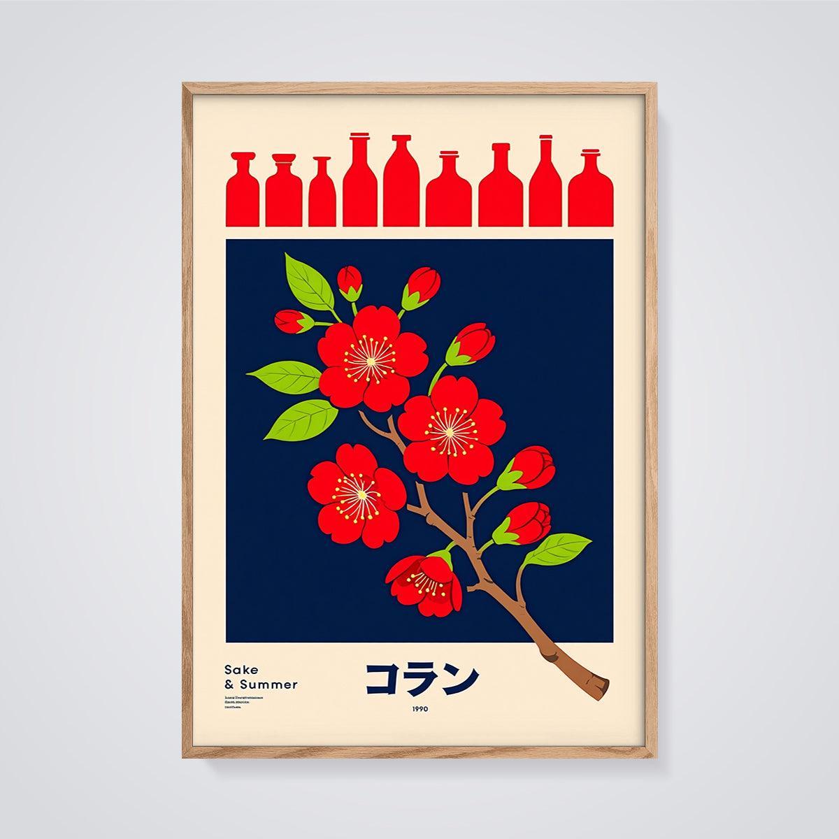 Sake & Summer Blossom Print framed in oak on a grey background