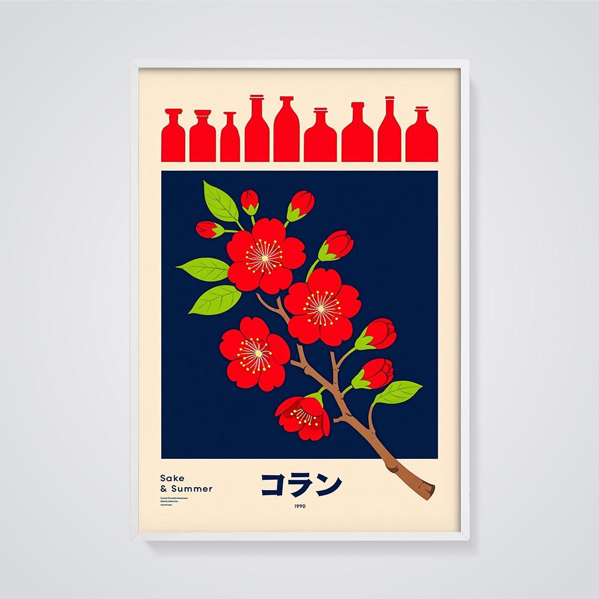 Sake & Summer Blossom Print framed in white on a grey background