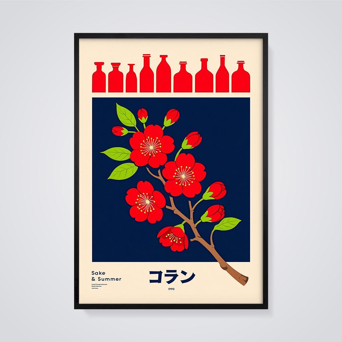 Sake & Summer Blossom Print framed in black on a grey background