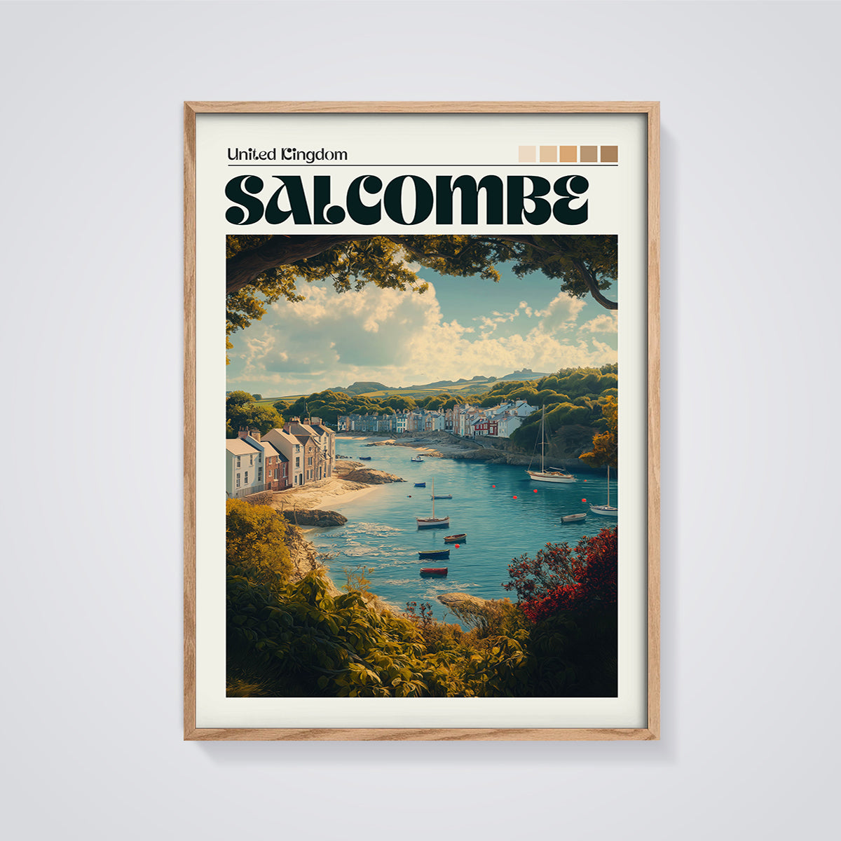 Salcombe United Kingdom Print framed in oak on a grey background