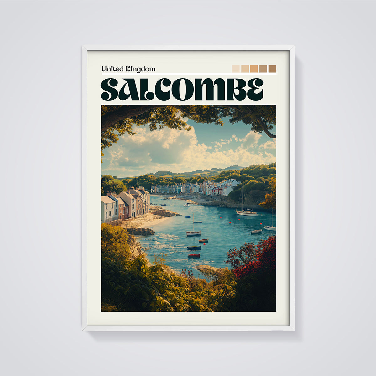 Salcombe United Kingdom Print framed in white on a grey background