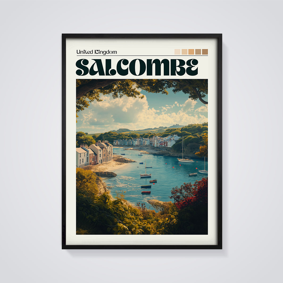 Salcombe United Kingdom Print framed in black on a grey background