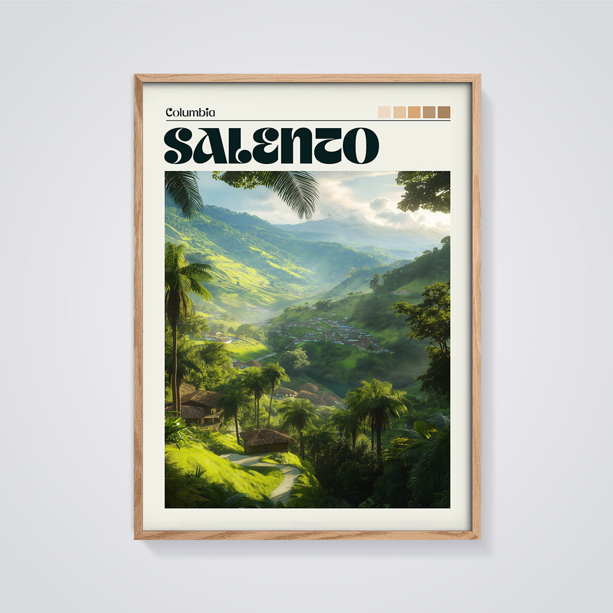 Salento Valley Landscape Print framed in oak on a grey background