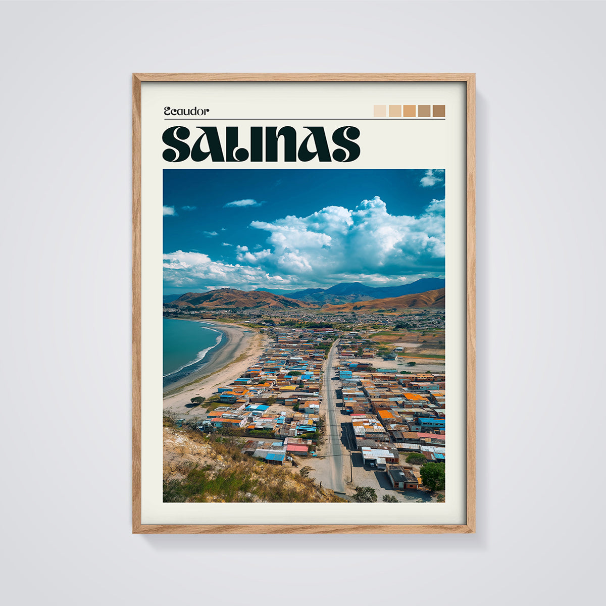 Salinas Ecuador Coastal View Print framed in oak on a grey background