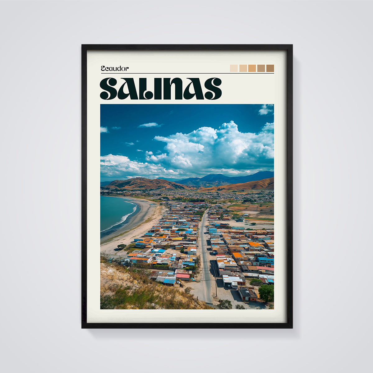 Salinas Ecuador Coastal View Print framed in black on a grey background