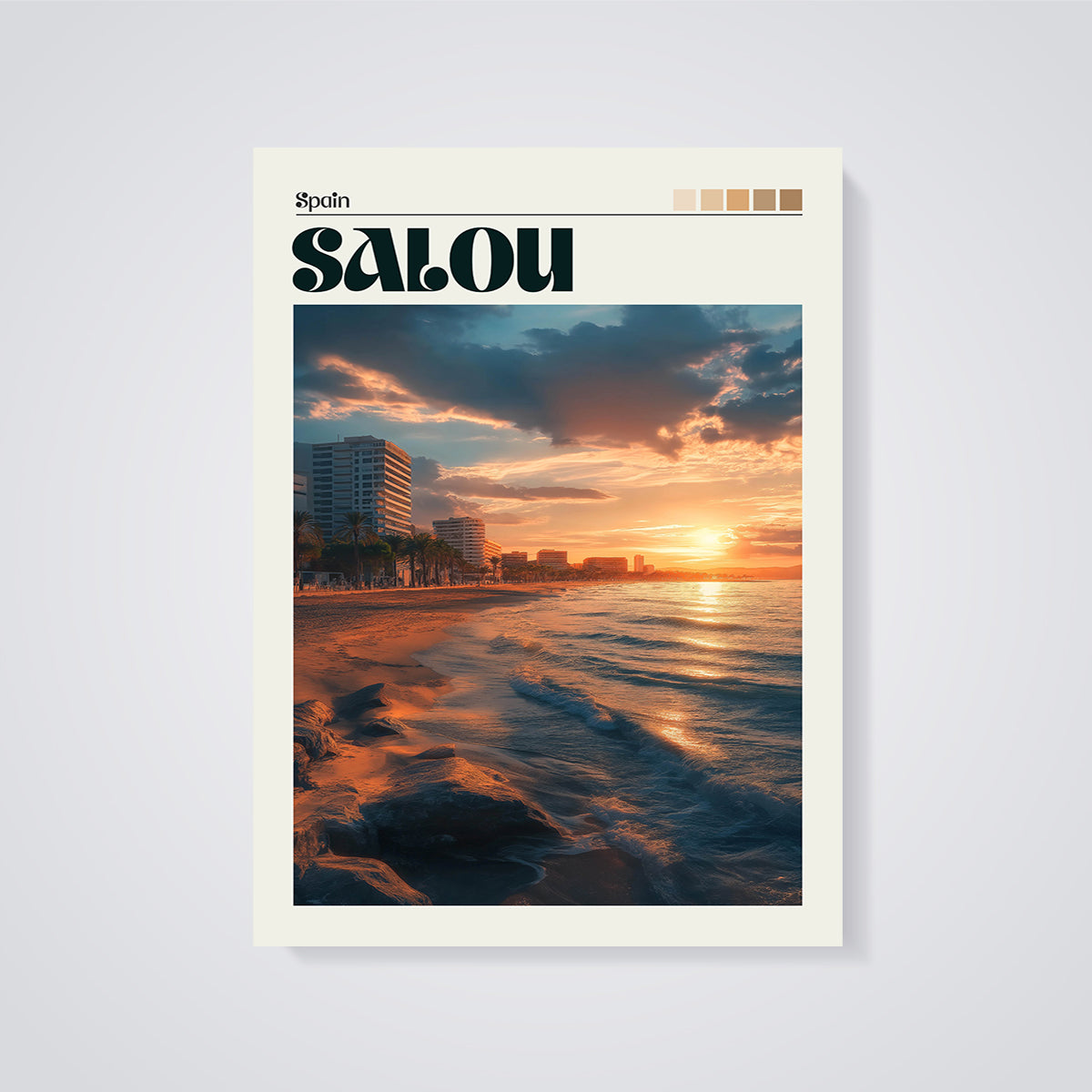 Salou Spain Sunset Beach Print unframed on a grey background