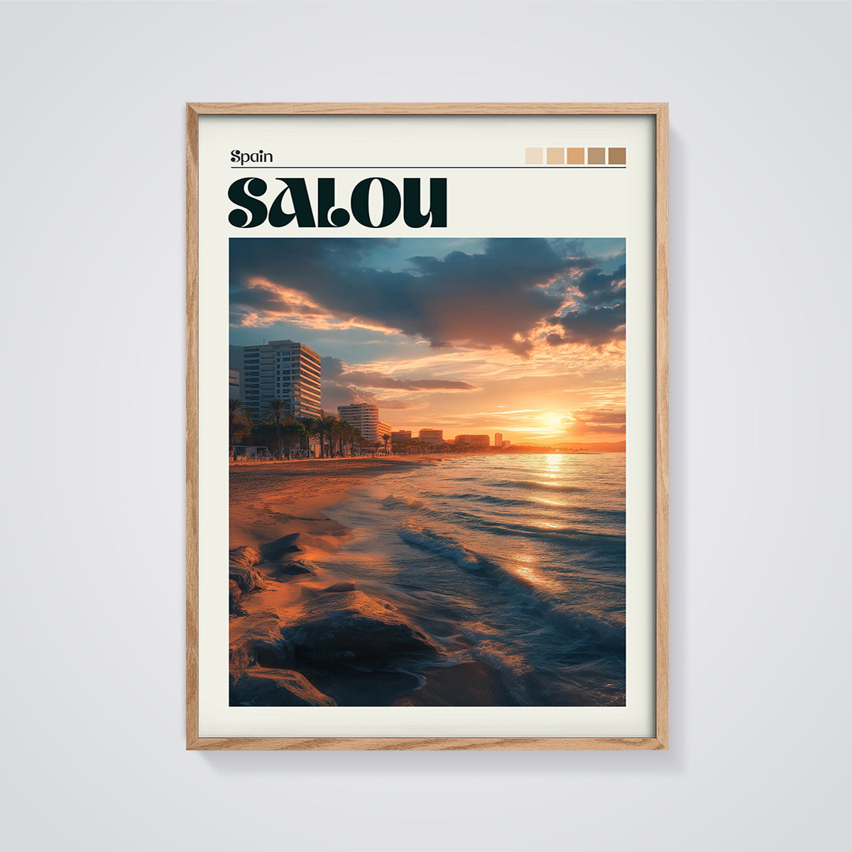 Salou Spain Sunset Beach Print framed in oak on a grey background