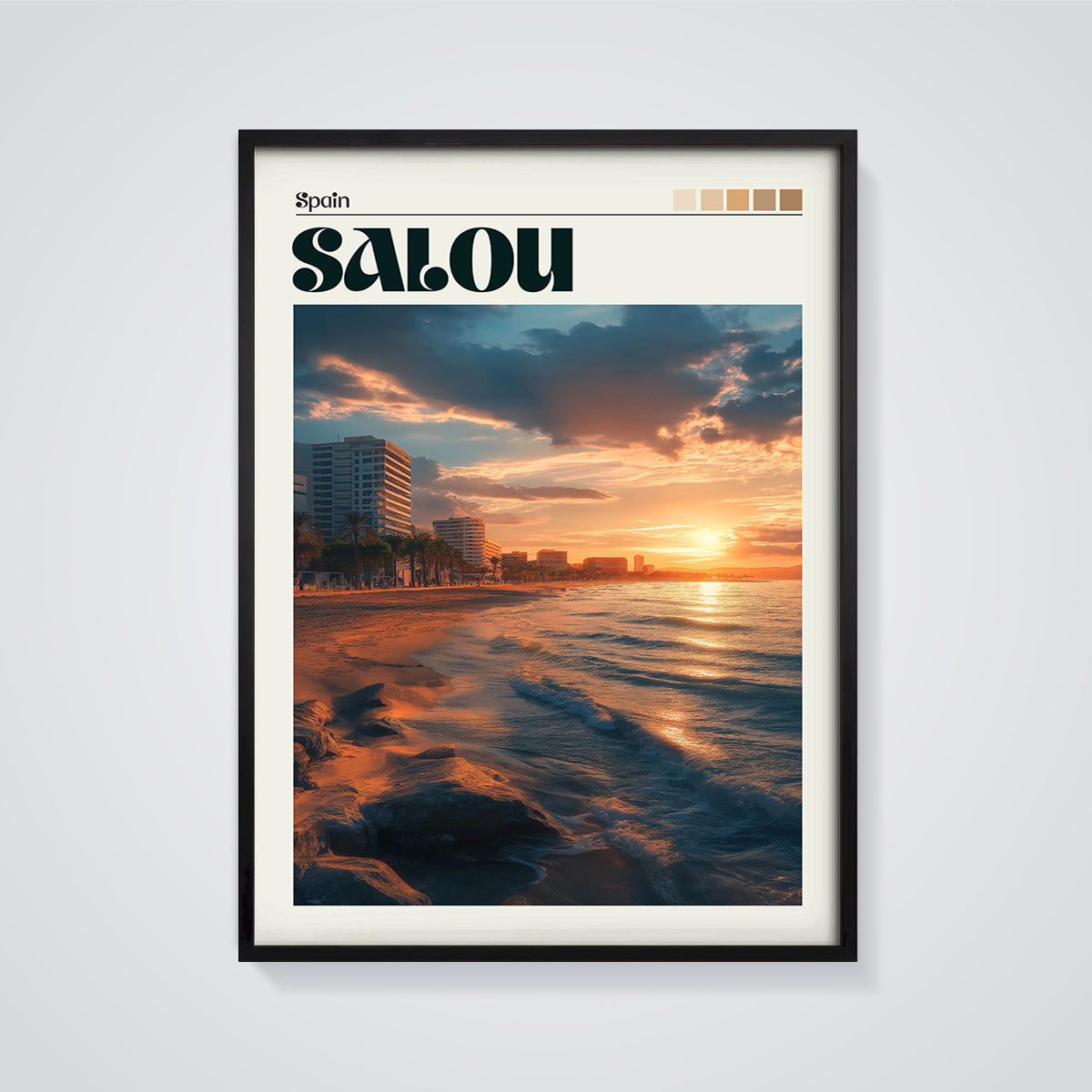 Salou Spain Sunset Beach Print framed in black on a grey background