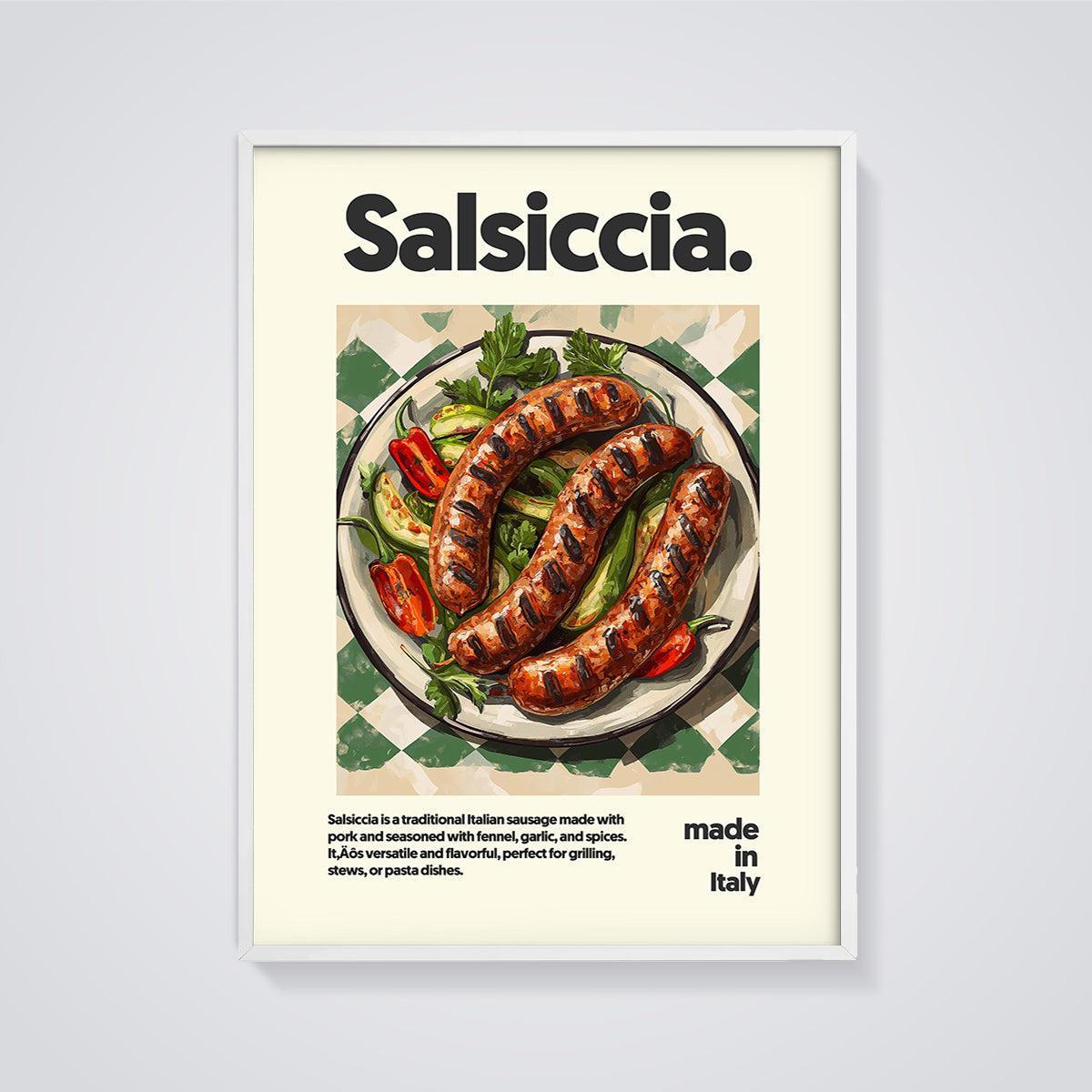 Salsiccia Italian Sausage Print framed in white on a grey background