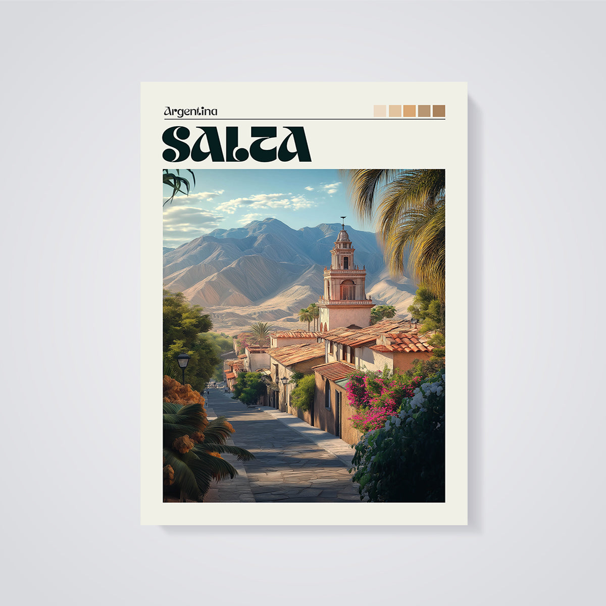 Salta Argentina Mountain City Print unframed on a grey background