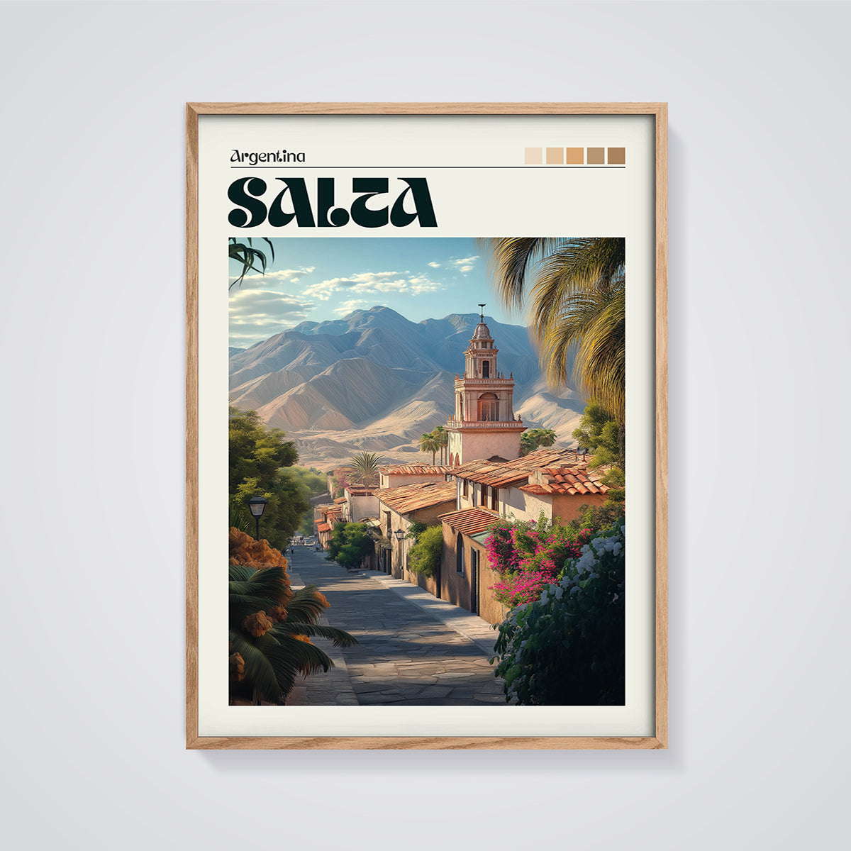 Salta Argentina Mountain City Print framed in oak on a grey background