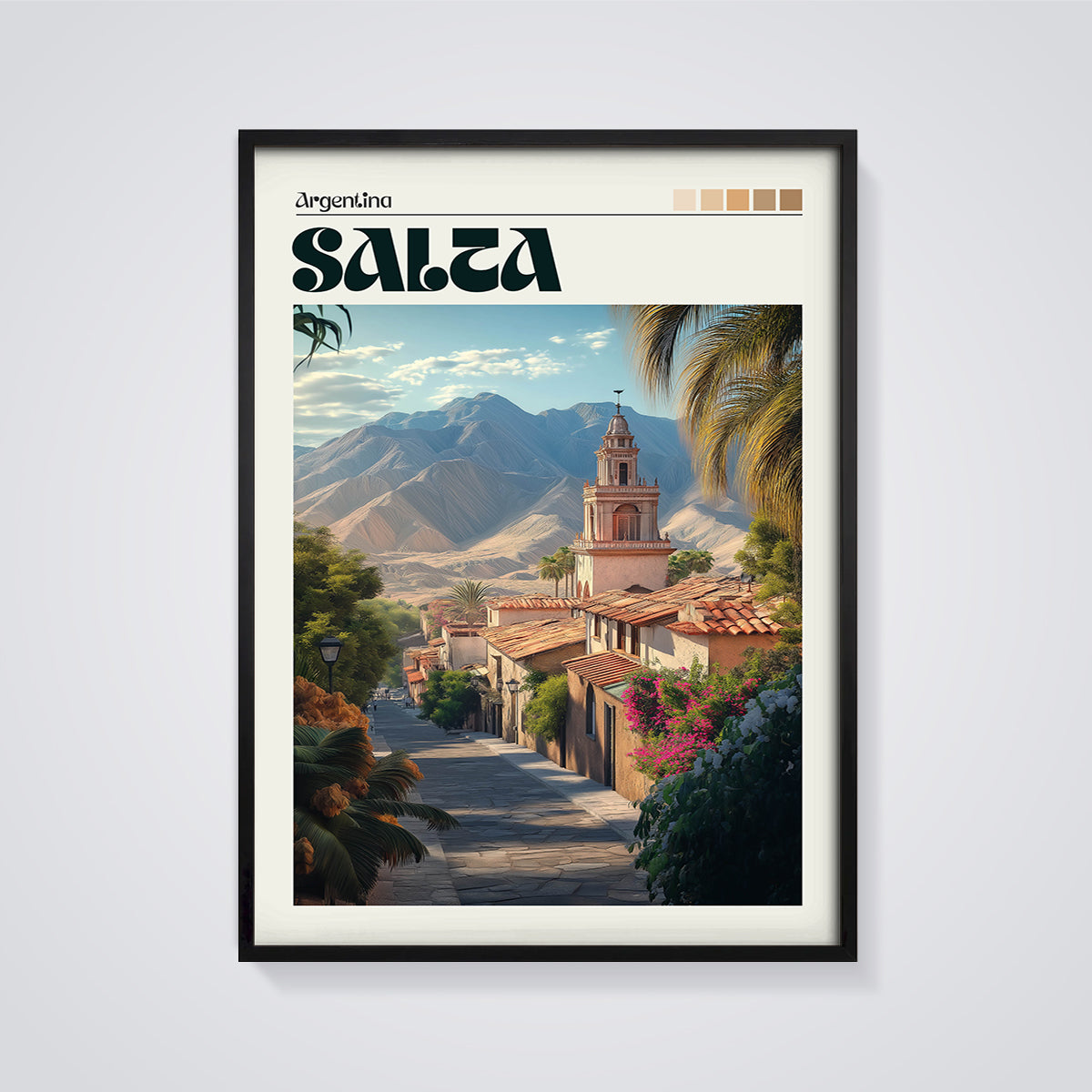 Salta Argentina Mountain City Print framed in black on a grey background