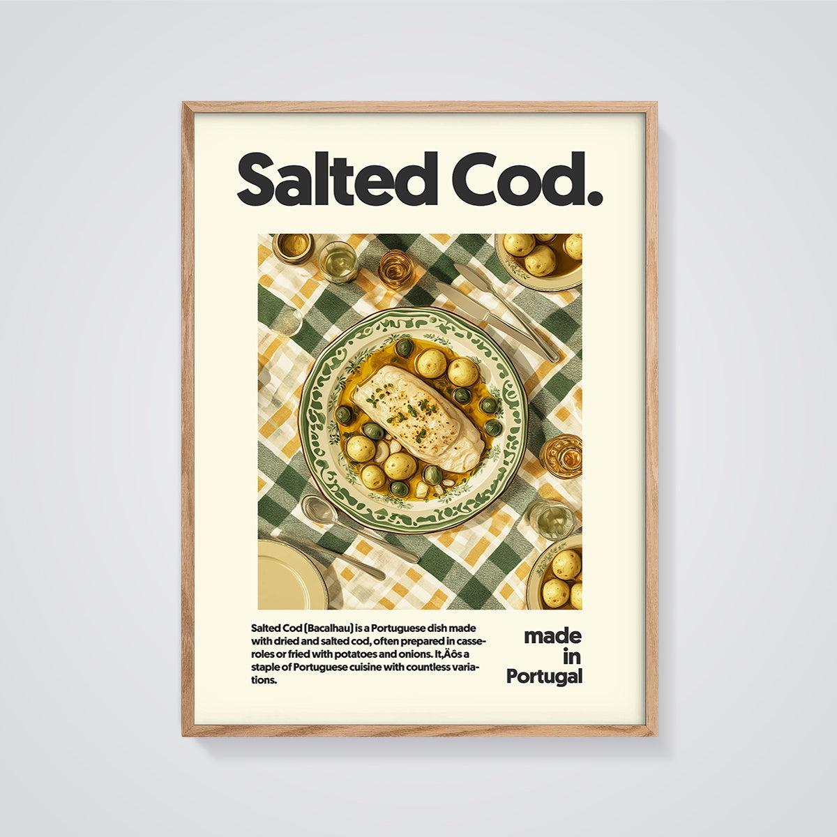 Salted Cod Bacalhau Print framed in oak on a grey background