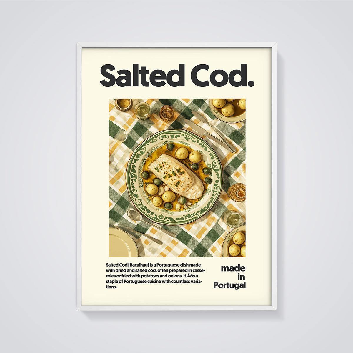 Salted Cod Bacalhau Print framed in white on a grey background