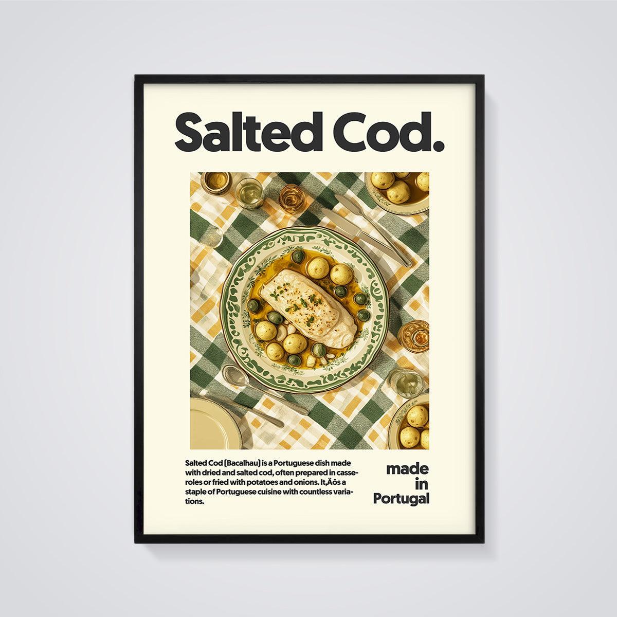 Salted Cod Bacalhau Print framed in black on a grey background