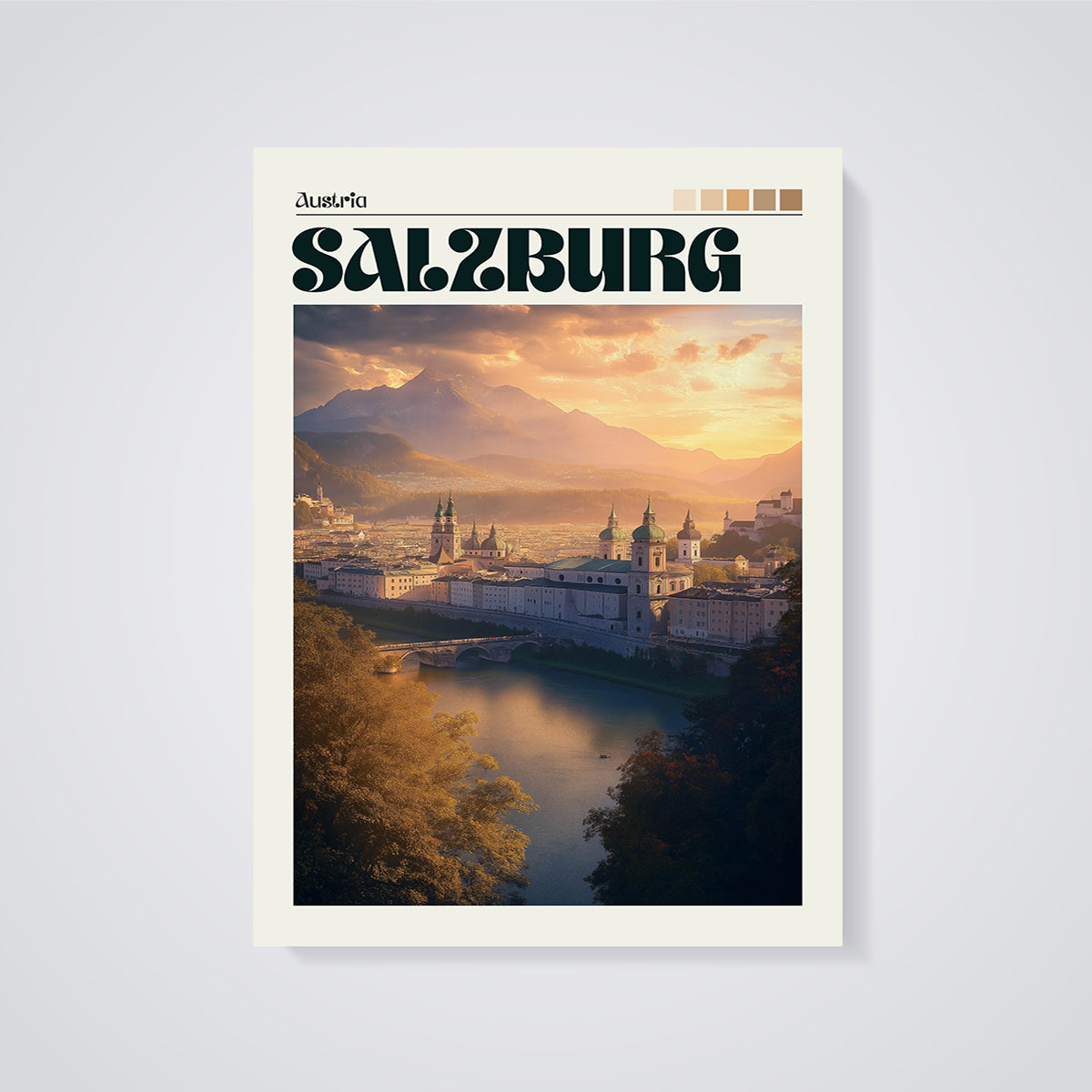 Salzburg City Sunset Print unframed on a grey background