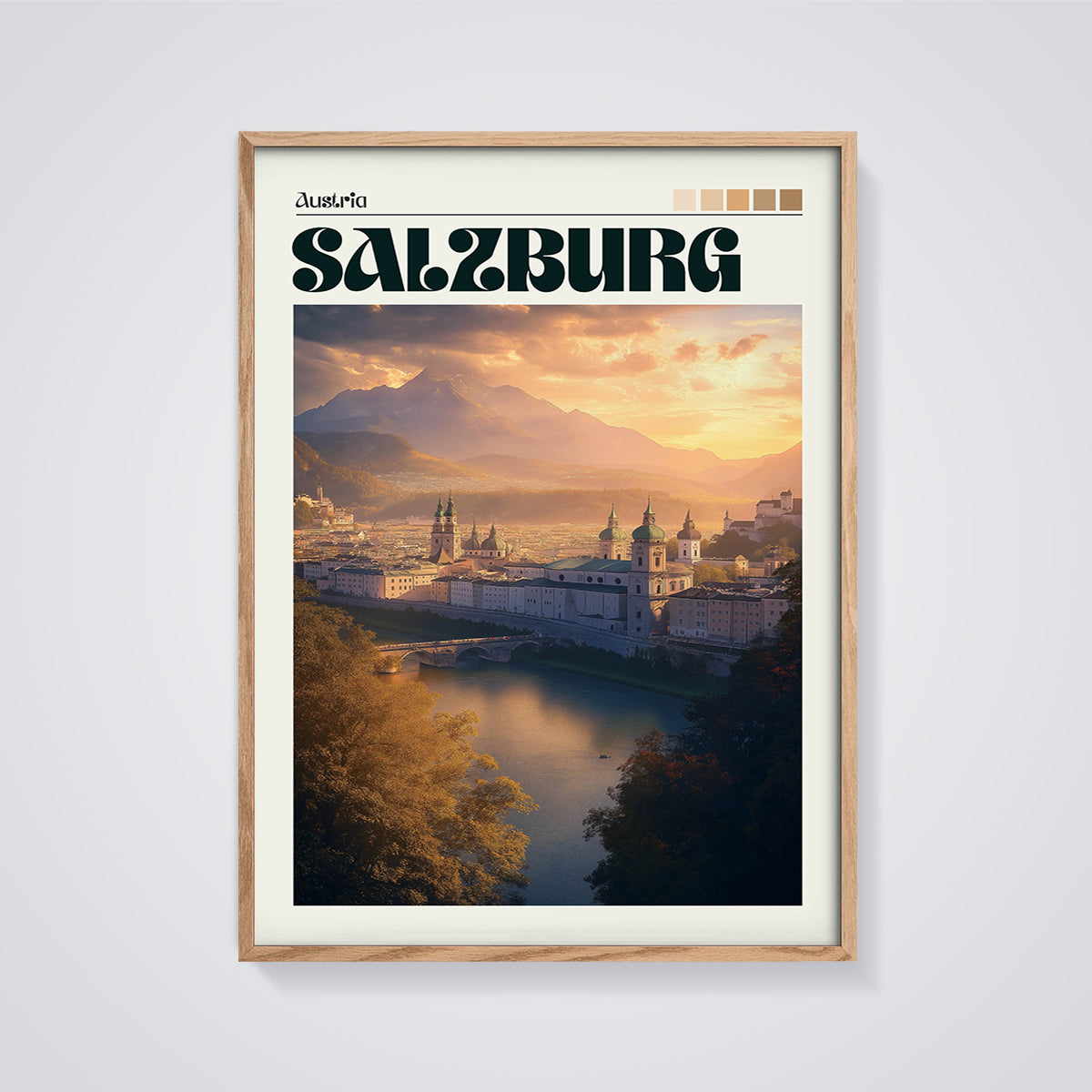 Salzburg City Sunset Print framed in oak on a grey background