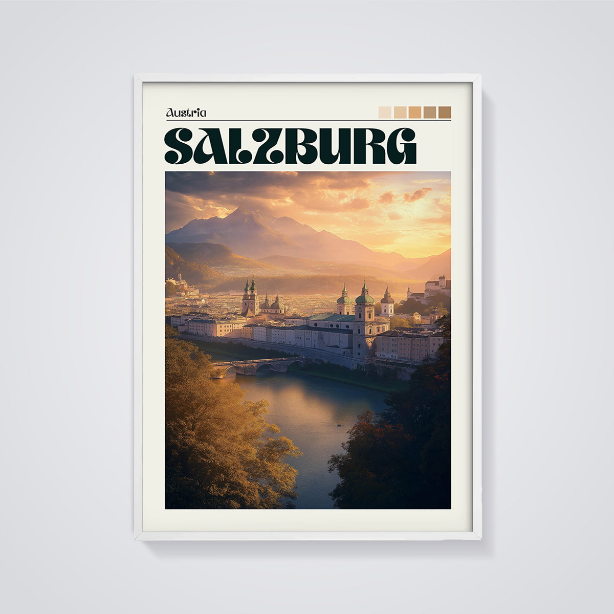 Salzburg City Sunset Print framed in white on a grey background