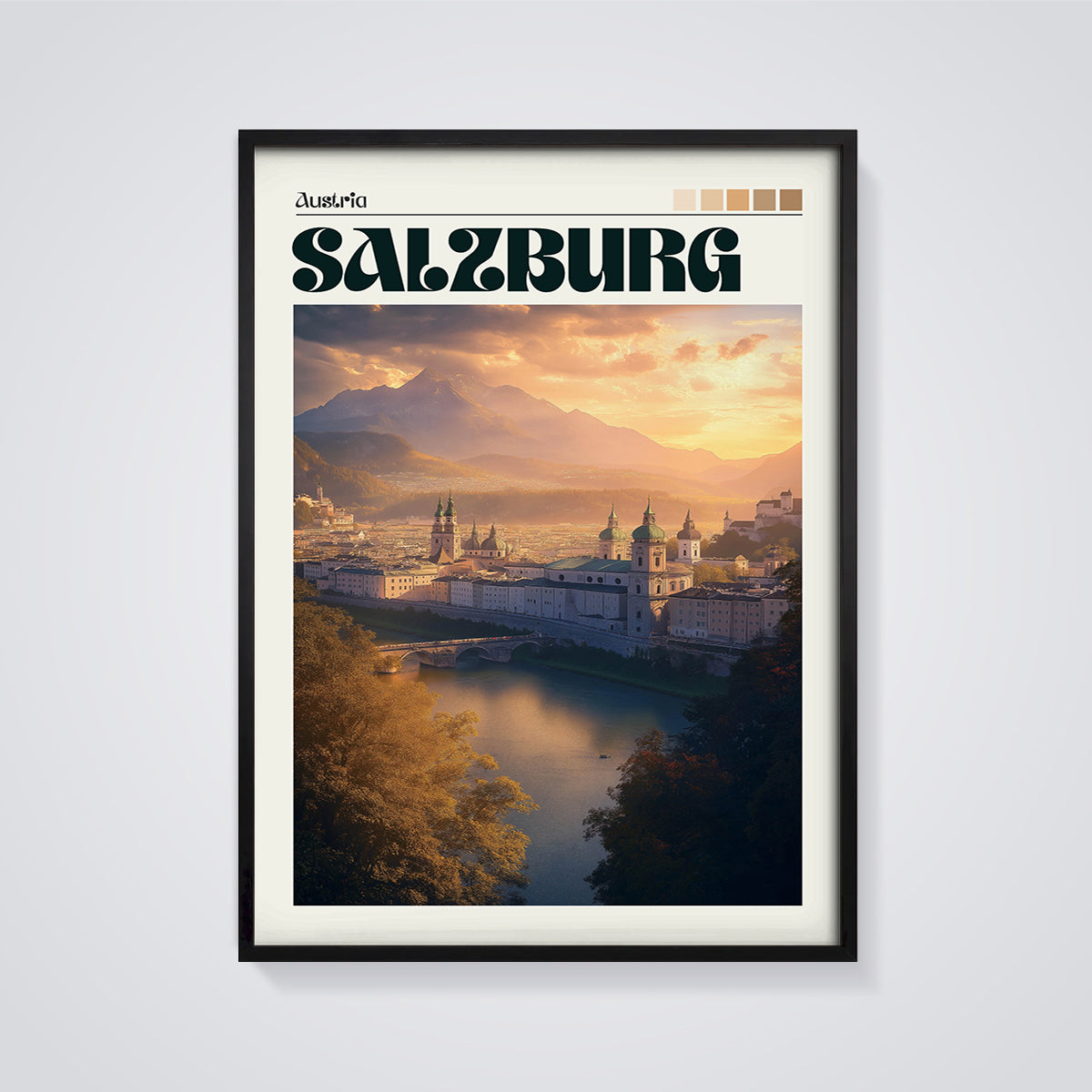 Salzburg City Sunset Print framed in black on a grey background