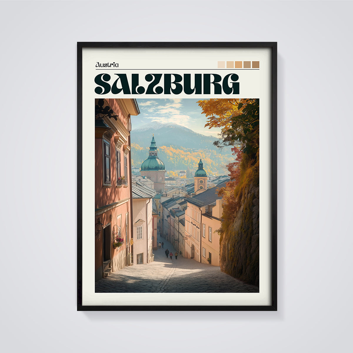 Salzburg Street View Print framed in black on a grey background