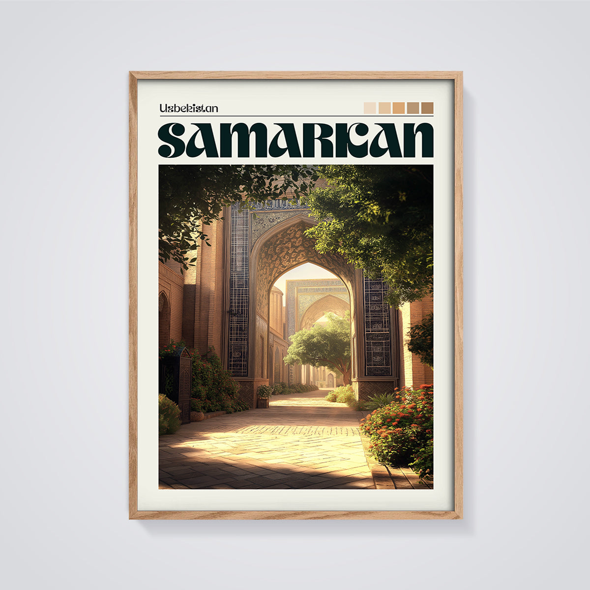Samarkand Historic Archway Print framed in oak on a grey background