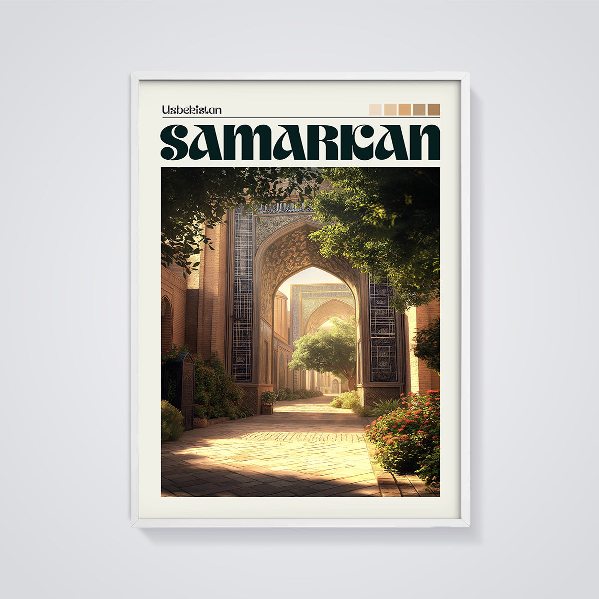 Samarkand Historic Archway Print framed in white on a grey background