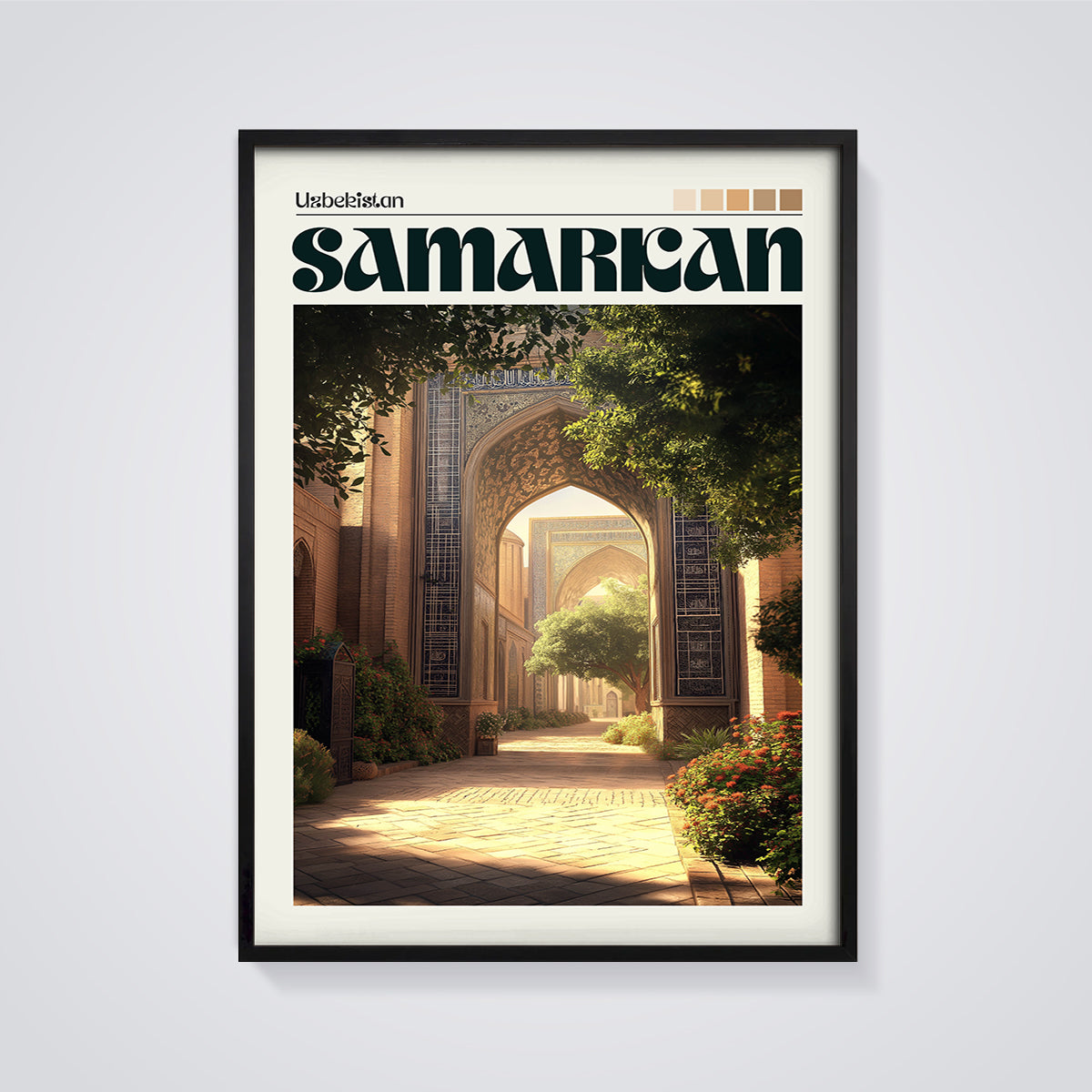 Samarkand Historic Archway Print framed in black on a grey background