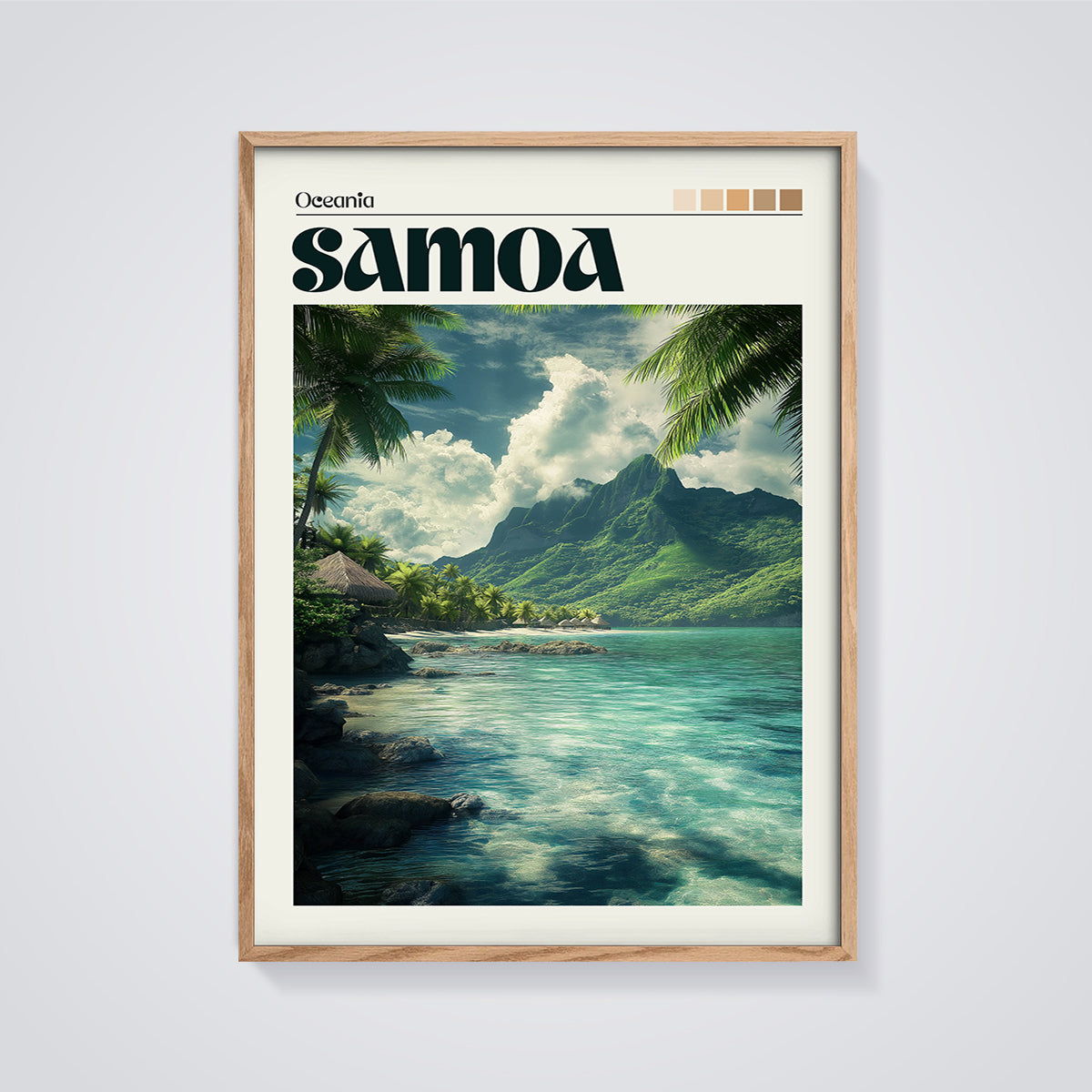 Samoa Paradise Beach Print framed in oak on a grey background