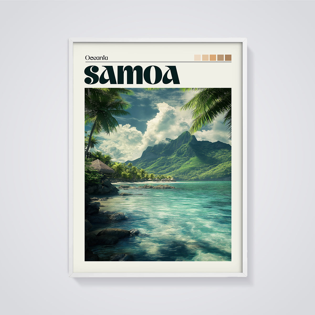 Samoa Paradise Beach Print framed in white on a grey background