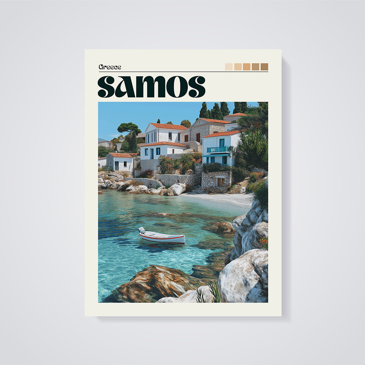 Samos Coastal Village Print unframed on a grey background