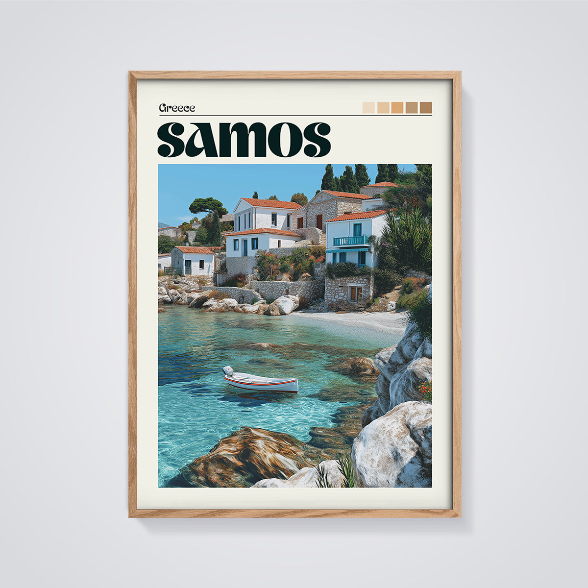 Samos Coastal Village Print framed in oak on a grey background