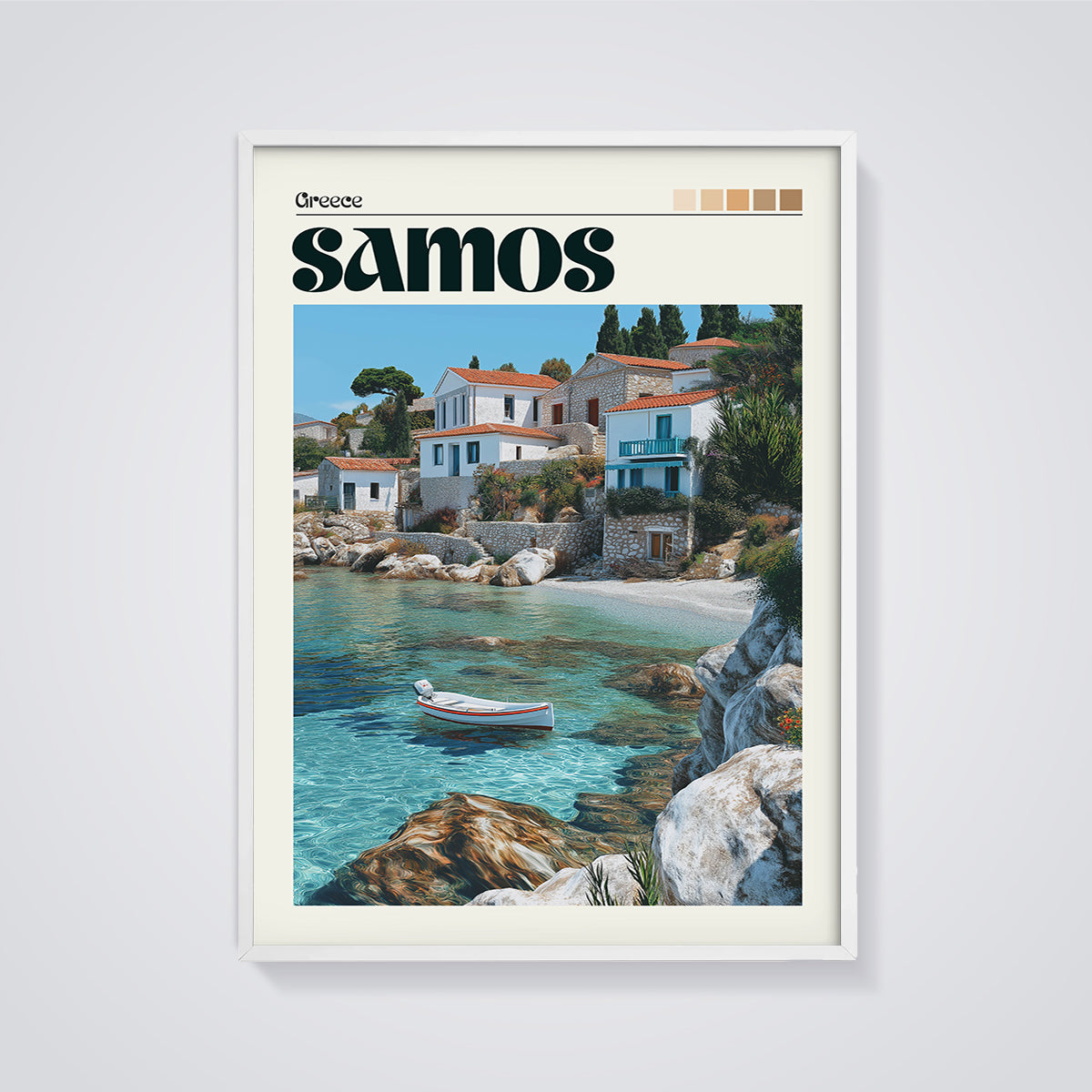 Samos Coastal Village Print framed in white on a grey background