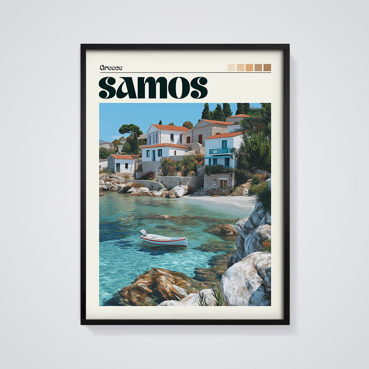 Samos Coastal Village Print framed in black on a grey background