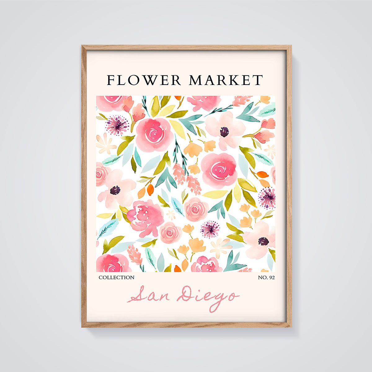 San Diego Flower Market Print framed in oak on a grey background