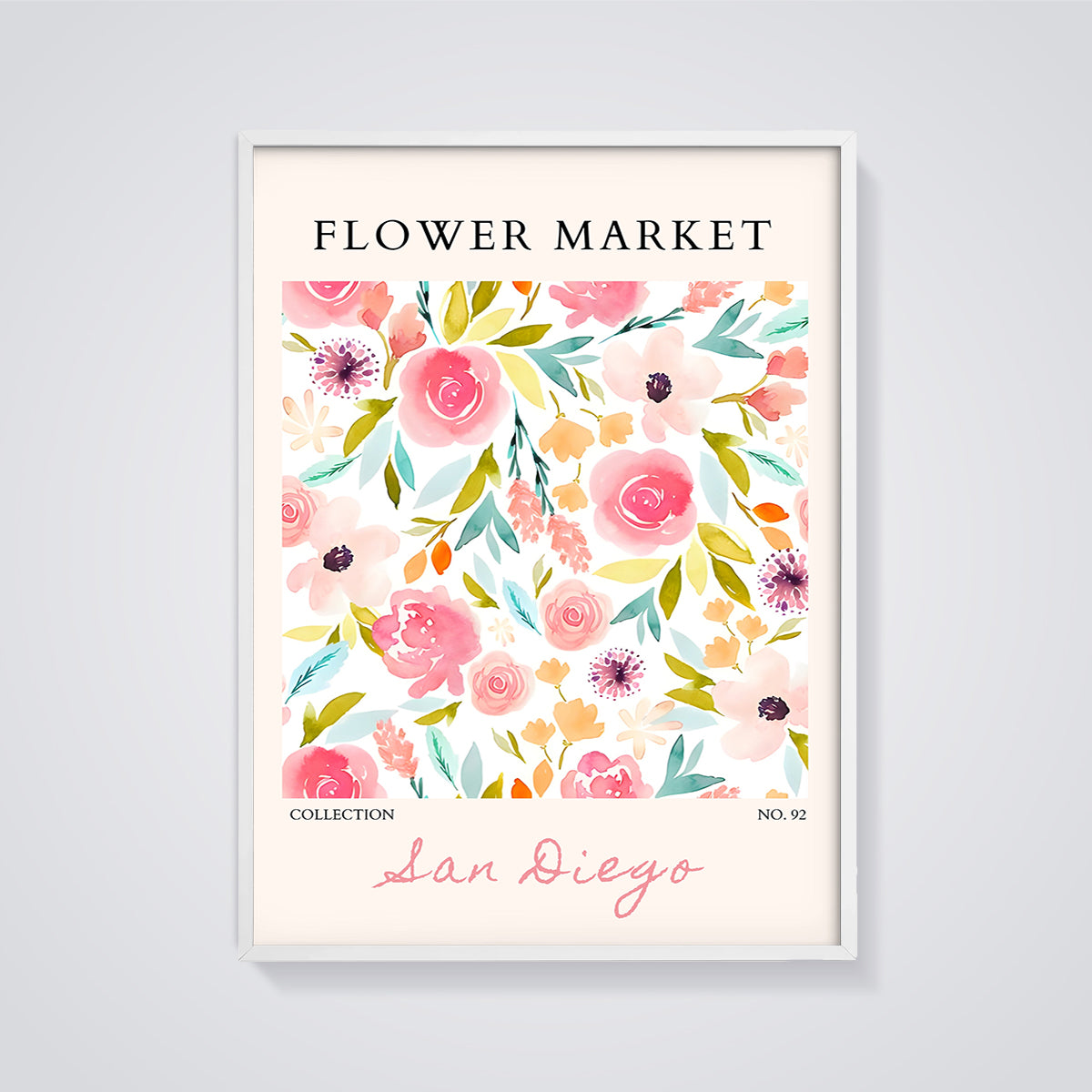 San Diego Flower Market Print framed in white on a grey background
