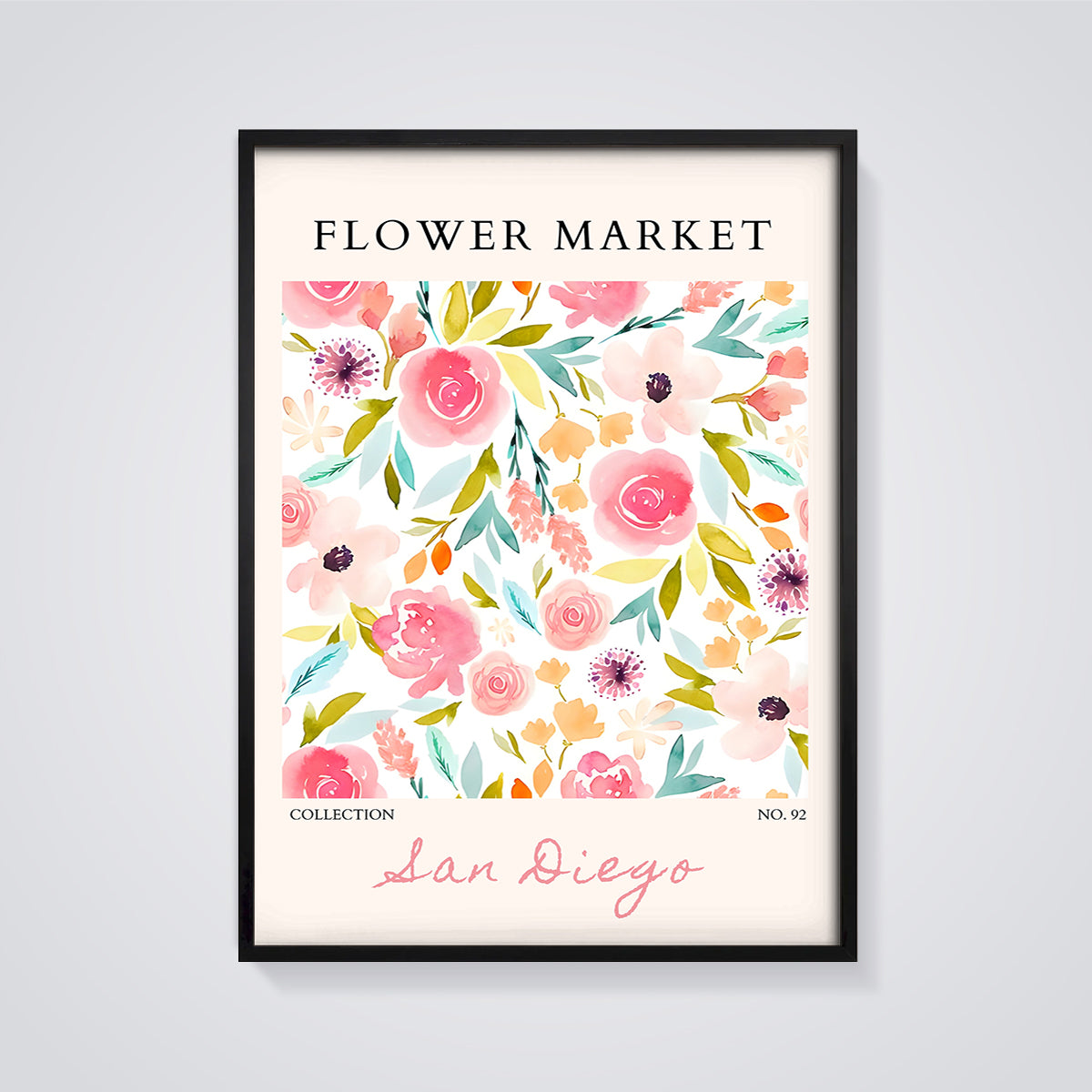 San Diego Flower Market Print framed in black on a grey background