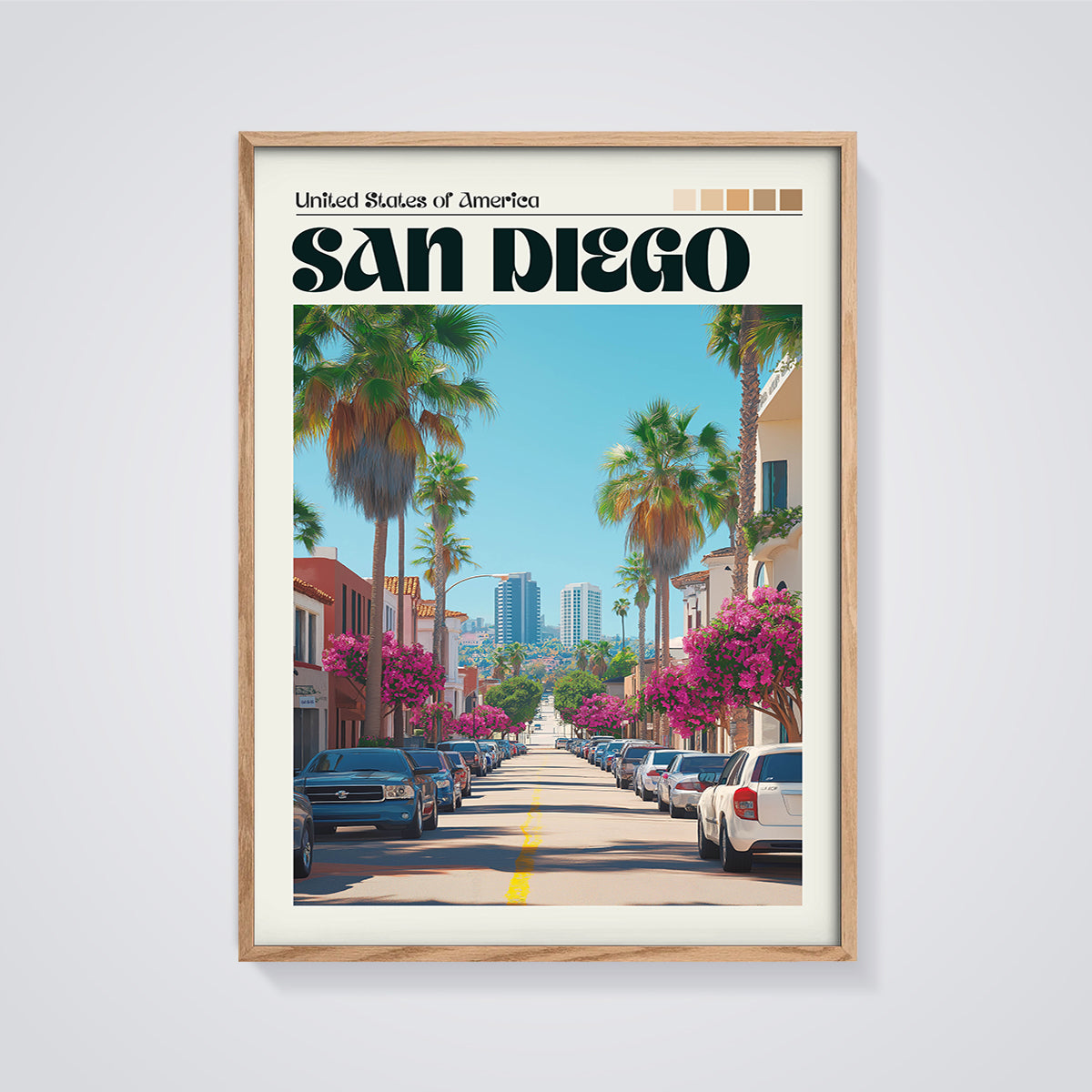 San Diego Street View Print framed in oak on a grey background