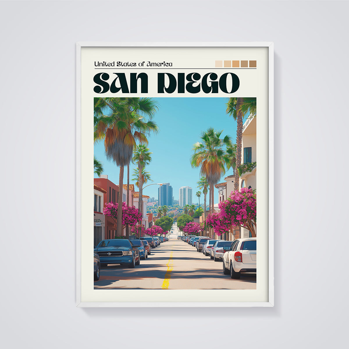 San Diego Street View Print framed in white on a grey background