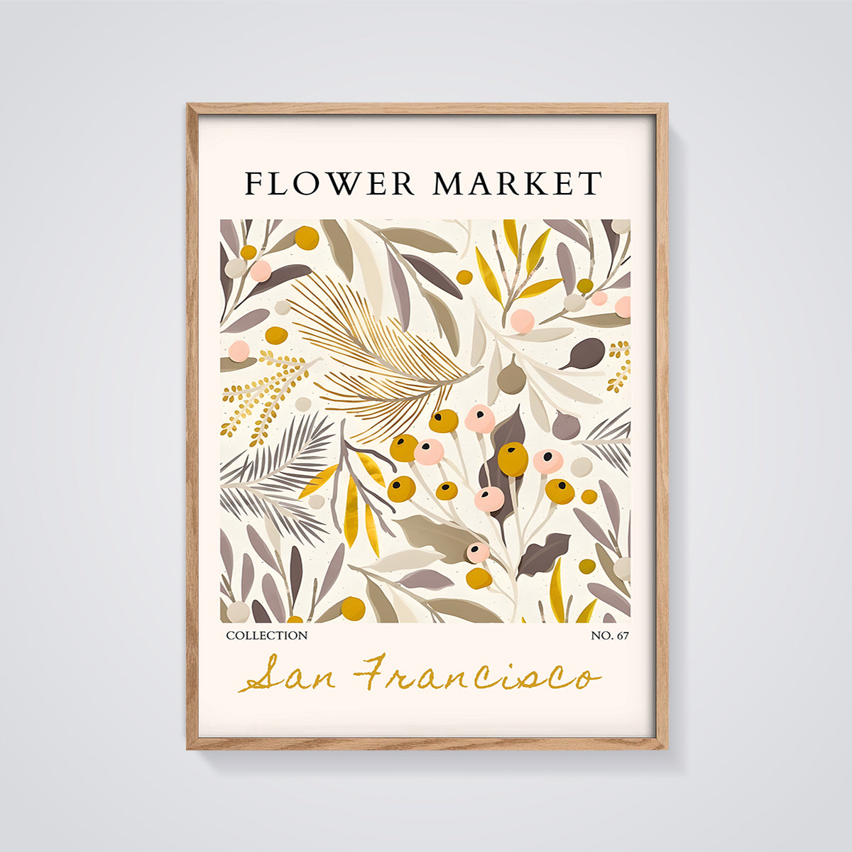 San Francisco Flower Market Print framed in oak on a grey background