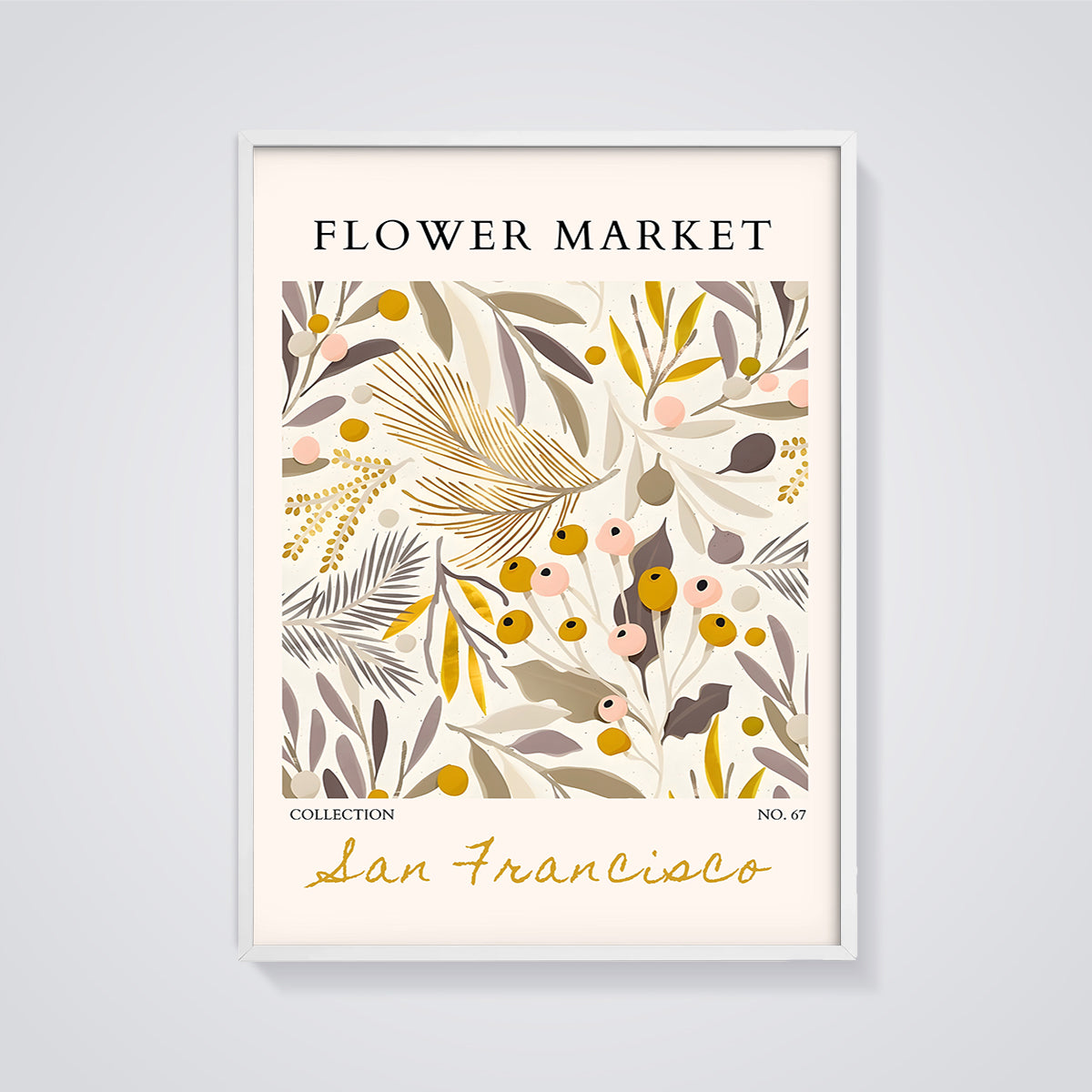 San Francisco Flower Market Print framed in white on a grey background
