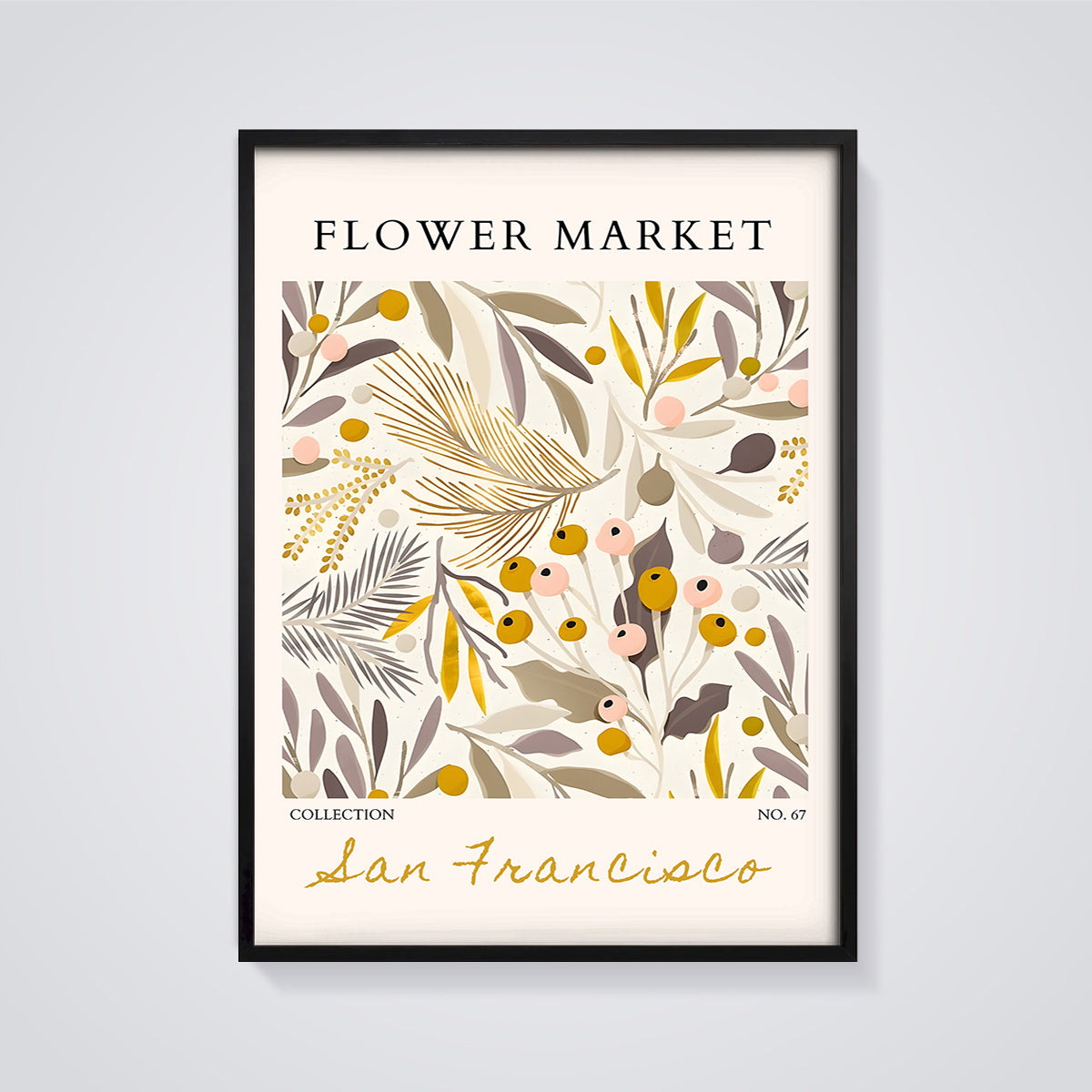 San Francisco Flower Market Print framed in black on a grey background