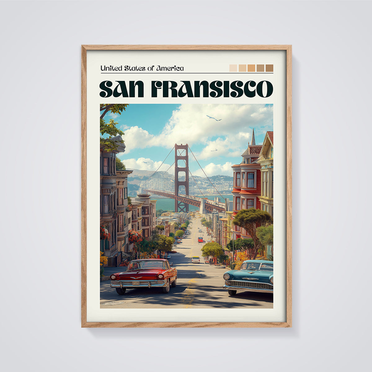 San Francisco Golden Gate Bridge Print framed in oak on a grey background