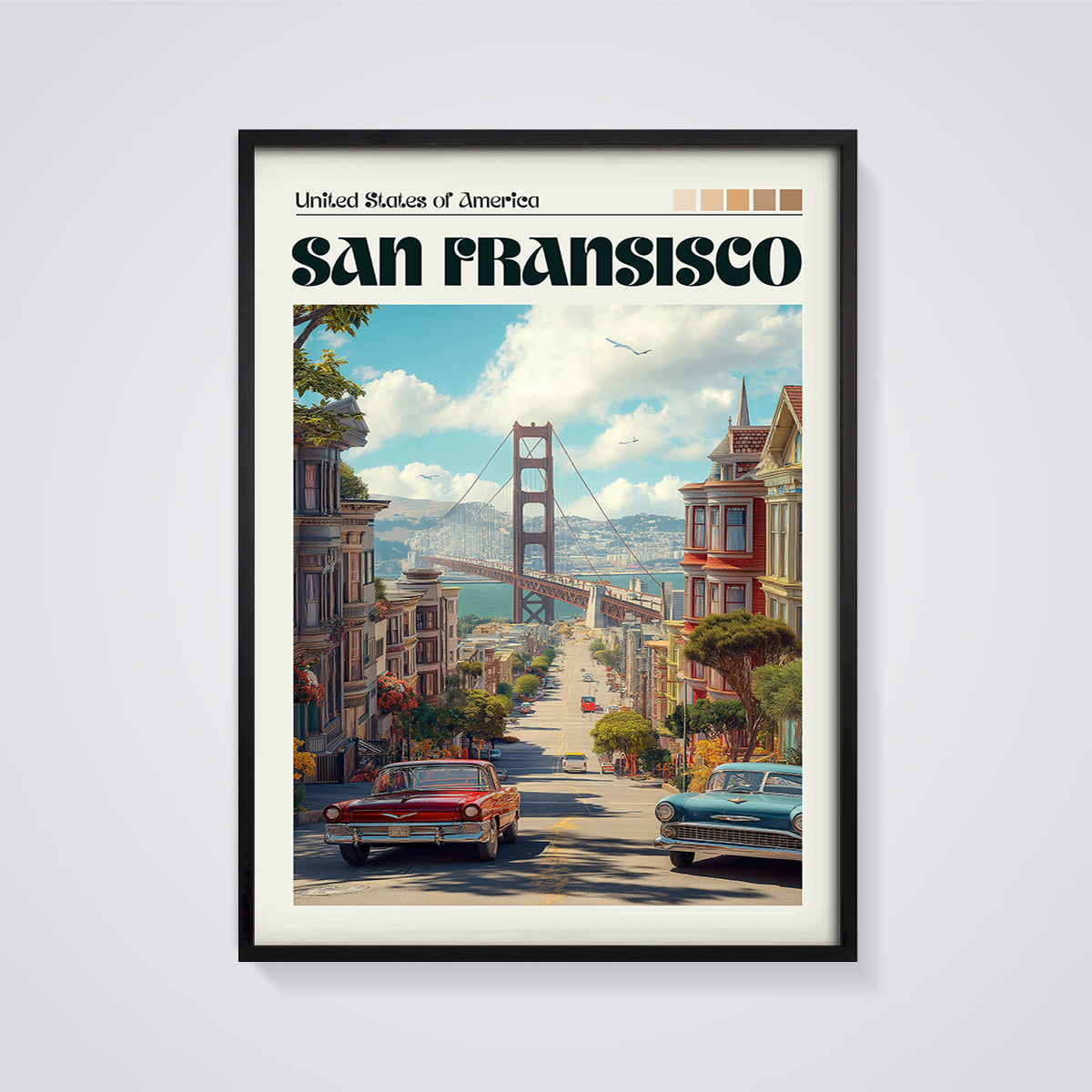 San Francisco Golden Gate Bridge Print framed in black on a grey background